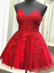 Short V Neck Red Lace Prom Dresses, V Neck Short Red Lace Graduation Homecoming Dresses