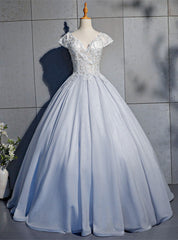 Silver Ball Gown Cap Sleeve Beading Quinceanera Dresses