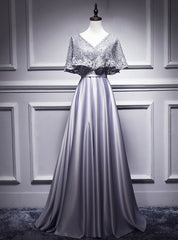 Silver Gray Satin Lace V-neck Bat Pearls Prom Dresses