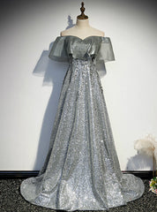 Silver Gray Sequins Off the Shoulder Prom Dresses