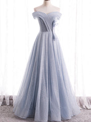 Silver Gray Sequins Tulle Off the Shoulder Prom Dresses