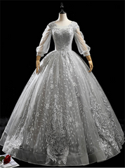 Silver Gray Tulle Appliques Long Sleeve Beading Quinceanera Dresses