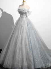 Silver Gray Tulle Lace Prom Dresses, Silver Gray Long Lace Formal Evening Dresses