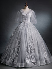 Silver Gray Tulle Puff Sleeve Appliques Beading Quinceanera Dresses