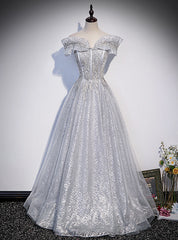 Silver Gray Tulle Sequins Appliques Prom Dress