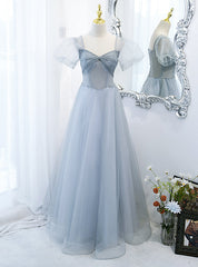 Silver Gray Tulle Sequins Beading Prom Dresses