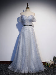 Silver Gray Tulle Sequins Pearls Pleats Prom Dresses