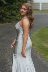 Silver Halter Mermaid Satin Beaded Prom Dresses With Split