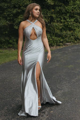 Silver Halter Mermaid Satin Beaded Prom Dresses With Split