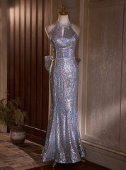 Silver Mermaid Sequins Backless Prom Dresses