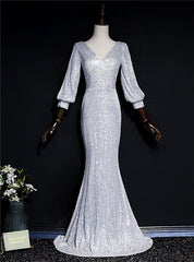 Silver Mermaid Sequins V-neck Long Sleeve Prom Dresses