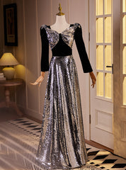 Silver Sequins Black Velvet Long Sleeve Prom Dresses