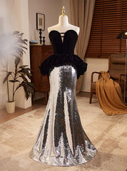 Silver Sequins Black Velvet Strapless Prom Dresses