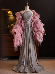 Silver Sequins Halter Beading Prom Dresses With Feather Shawl