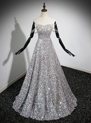 Silver Sequins Strapless Beading Prom Dresses