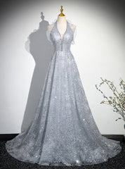 Silver Sequins V-neck Beading Prom Dresses