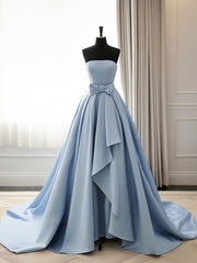 Simple A-Line Satin Blue Long Prom Dresses, Blue Long Evening Dresses