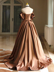 Simple A-Line  Satin Brown Long Prom Dresses, Brown Long Formal Dresses