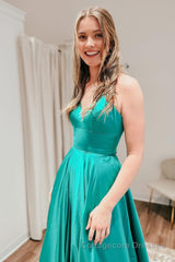 Simple A Line Spaghetti Straps Green Long Prom Dress with Slit