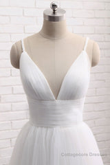 Simple A Line V Neck White Wedding Dresses, V Neck White Tulle Prom Formal Dresses