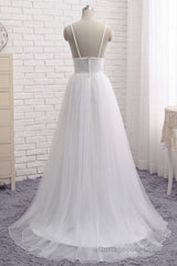 Simple A Line V Neck White Wedding Dresses, V Neck White Tulle Prom Formal Dresses