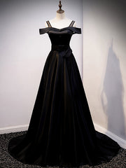 Simple Black Satin Straps Prom Dresses With Belt