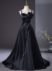 Simple Black Straps Pleats Prom Dresses