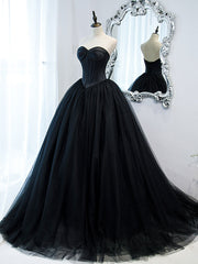 Simple Black Sweetheart Neck Tulle Long Prom Dress, Black Evening Dresses