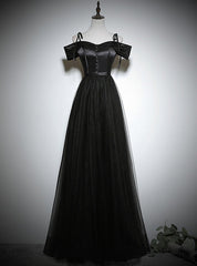 Simple Black Tulle Satin Spaghetti Straps Button Prom Dresses