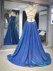 Simple blue satin long prom Dresses, blue backless long evening Dresses