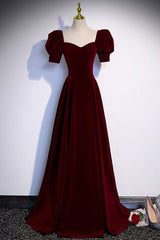 Simple Burgundy Long Velvet Prom Dress with Short Sleeves