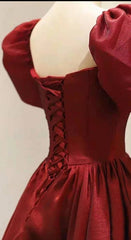 Simple Burgundy Prom Dress Square Neck Tea Length Graduation Dresses