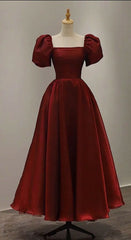 Simple Burgundy Prom Dress Square Neck Tea Length Graduation Dresses