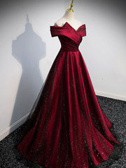 Simple Burgundy Satin Long Prom Dress, Burgundy Evening Dresses