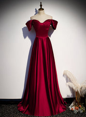 Simple Burgundy Satin Off the Shoulder Beading Prom Dresses