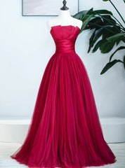 Simple Burgundy Satin Tulle Strapless Pleats Prom Dresses