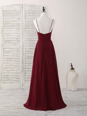 Simple Burgundy V Neck Chiffon Long Prom Dress, Bridesmaid Dress