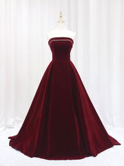 Simple Burgundy Velvet Strapless Prom Dresses