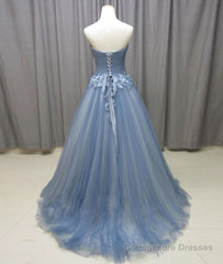 Simple gray blue tulle lace applique long prom dress, tulle evening dress