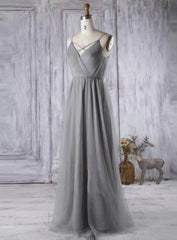 Simple Gray Tulle Bridesmaid Dresses A Line V Neck Prom Dresses