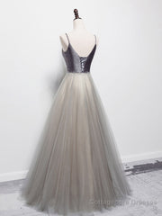 Simple gray v neck tulle long prom dress, gray tulle formal dress