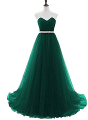 Simple Green Beaded Waist Tulle A-line Floor Length Party Dresses, Green Formal Dresses