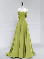 Simple Green Satin Off the Shoulder Pleats Prom Dresses