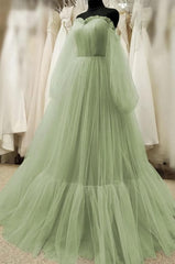 Simple Green Tulle Prom Dresses with Bishop Sleeves,Dresses for Party Events