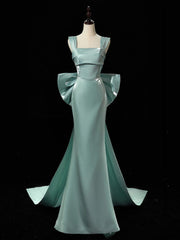 Simple hydra Satin Bow Tie Green Long Prom Dress, Green Long Formal Dress