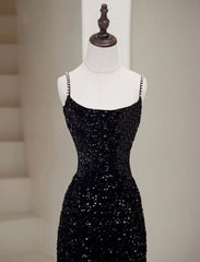 Simple Mermaid Velvet Sequin Black Long Prom Dresses, Black Long Evening Dresses