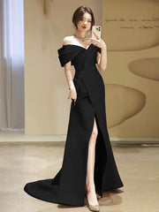 Simple Off Shoulder Satin Mermaid Black Long Prom Dresses, Black Long Formal Dresses