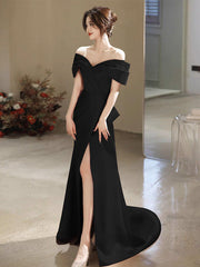 Simple Off Shoulder Satin Mermaid Black Long Prom Dresses, Black Long Formal Dresses