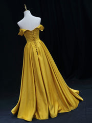 Simple Off Shoulder Yellow Satin Long Prom Dress, Yellow Formal Evening Dress