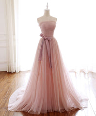 Simple Pink Fashionable Scoop Tulle Long Wedding Party Dress with Bow, Pink Long Formal Dress